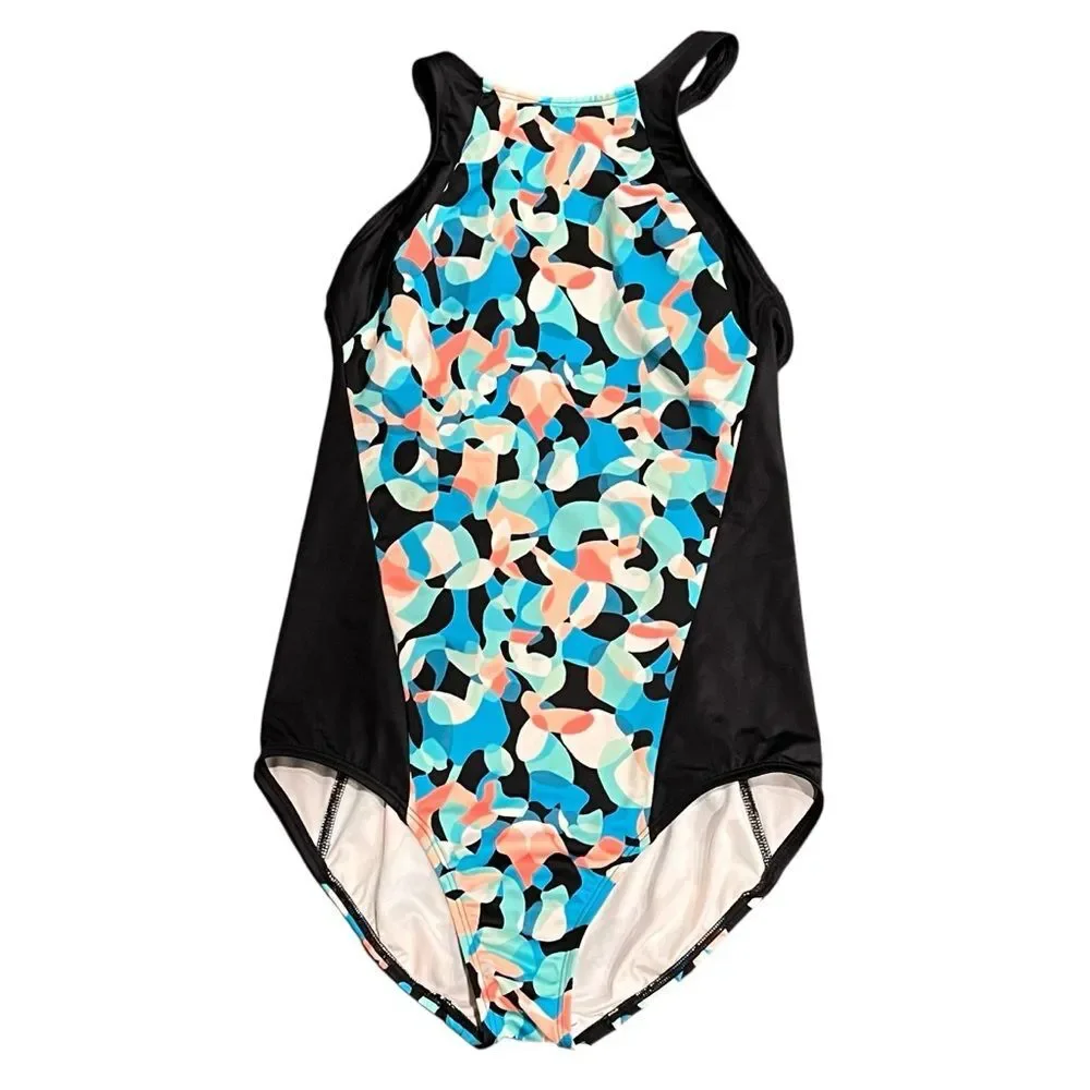 Lands End One Piece Swimsuit Colorful Patterned Bathing Suit Black Blue size 6L